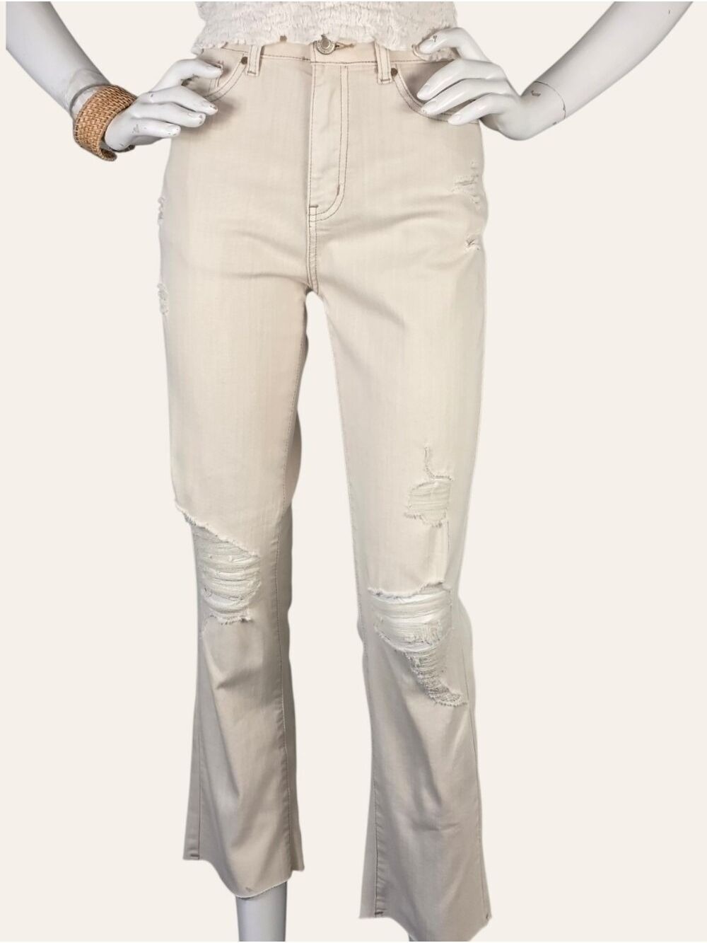 Grace & Lace Cream Distressed Cropped Jeans Raw Hem Size 2 NWT